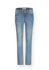 Jeans ajustados de denim en un azul claro con un acabado deslavado. Presenta cinco bolsillos, un cierre de botón cobre y una cinturilla de altura media.