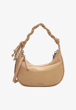 Beige leren schoudertas met een zachte, gebogen vorm. Voorzien van een gevlochten handvat met kwastaccenten en een ritssluiting.