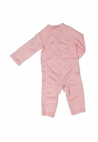 Rosa långärmad rash guard-dräkt med rund hals, delvis dragkedja och texturerad tyg, designad för solskydd och simning.