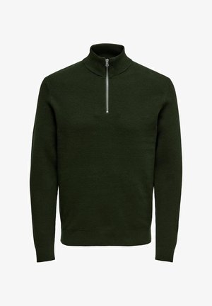 Maglione pullover verde scuro con colletto alto e una cerniera corta. Realizzato in tessuto a maglia testurizzata, presenta maniche lunghe e un orlo aderente.