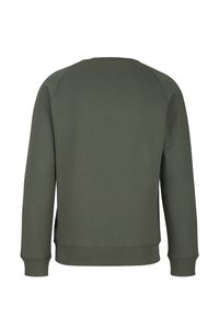 Olivgrüner Sweatshirt mit rundem Halsausschnitt, gerippten Bündchen und geradem Saum. Hergestellt aus weichem Stoff mit glatter Textur.