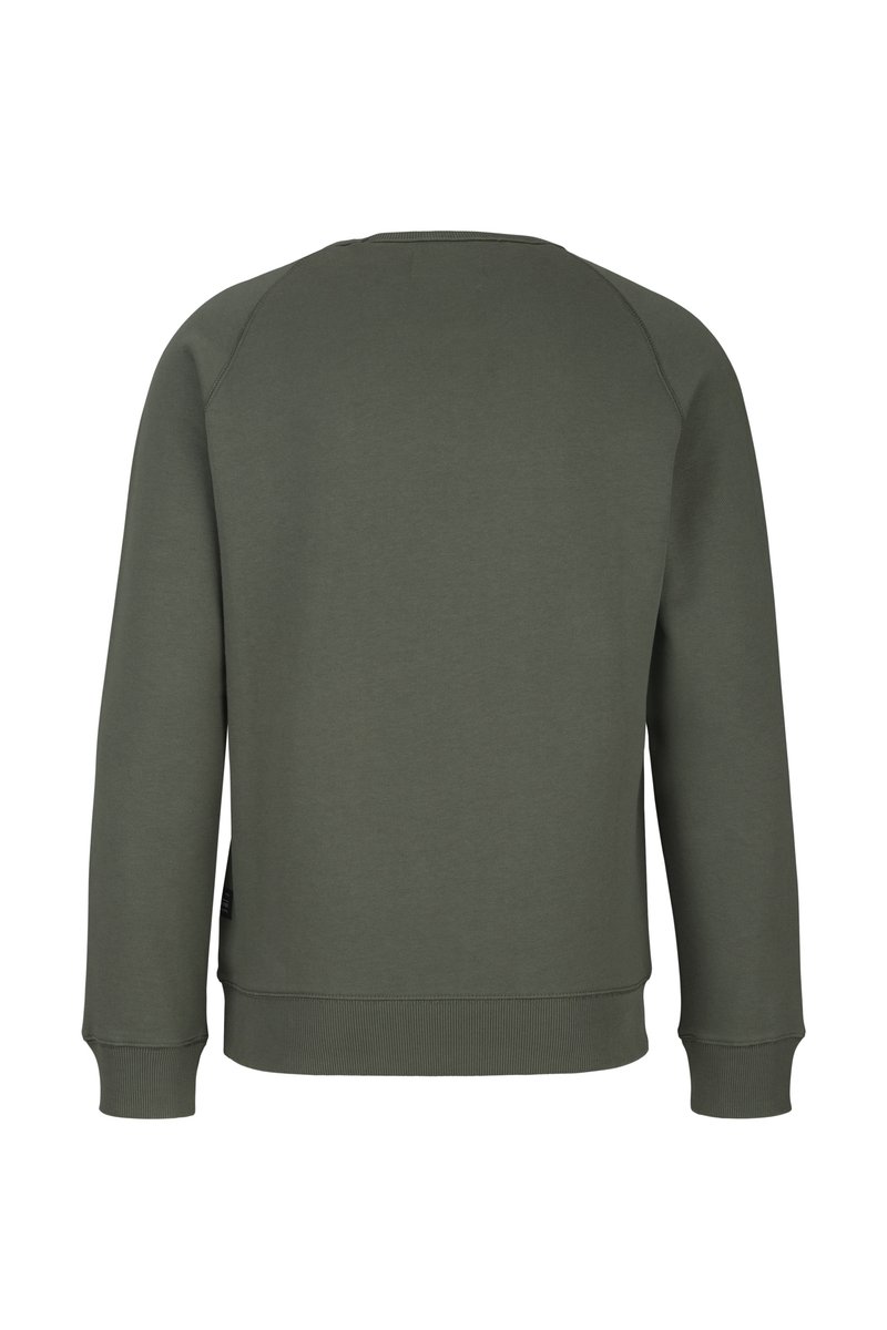 Olijfgroen sweatshirt met een ronde halslijn, ribbelboorden en een rechte zoom. Gemaakt van zachte stof met een gladde textuur.