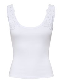 Top blanc ajusté sans manches avec encolure dégagée et application de dentelle fleurie sur les bretelles.