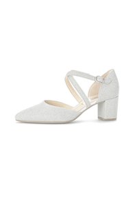 Escarpin à brides de cheville en paillettes argentées avec un bout pointu et un talon bloc. Doté de brides entrelacées et d'une doublure intérieure beige lisse.