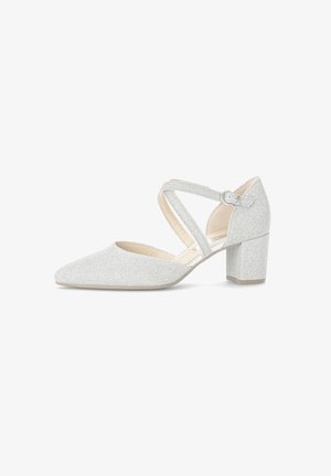 Escarpin à brides de cheville en paillettes argentées avec un bout pointu et un talon bloc. Doté de brides entrelacées et d'une doublure intérieure beige lisse.