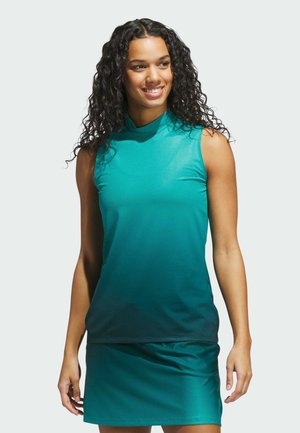 Vestito sportivo a maniche corte color verde acqua con collo alto, caratterizzato da un motivo sfumato e una texture liscia, progettato per comodità e prestazioni.