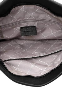Black leather handbag interior, featuring a light gray lining with a dotted pattern and a zippered pocket; durable and textured fabric.