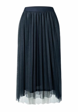 Jupe plissée mi-longue noire avec dessus transparent et taille élastique, superposée pour une apparence légère et fluide.