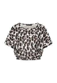 Tops s krátkym rukávom s leopardím vzorom v béžovej, čiernej a hnedej farbe s elastickým pásom. Mäkký materiál, voľný strih a okrúhly výstrih. Viditeľná značka.