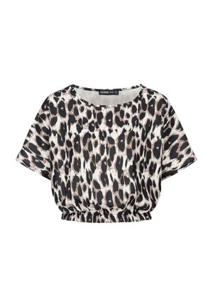 Korte mouwen top met luipaardprint in beige, zwart en bruine tinten, met elastische taille. Zachte stof, losse pasvorm en ronde halslijn. Merkenlabel zichtbaar.