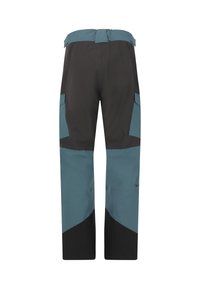 Vattentäta utomhusbyxor i mörkgrått och teal. Funktioner inkluderar hög midja, sidfickor och färgblockerat mönster. Hållbart tyg.