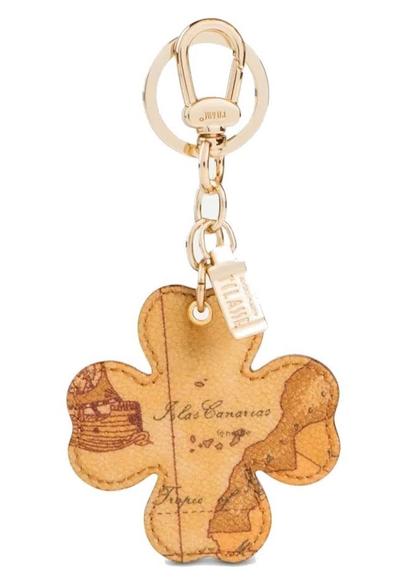 Portachiavi in pelle a forma di fiore con design di mappa vintage, hardware in tono dorato e tag attaccato. Superficie texturizzata con bordi cuciti.