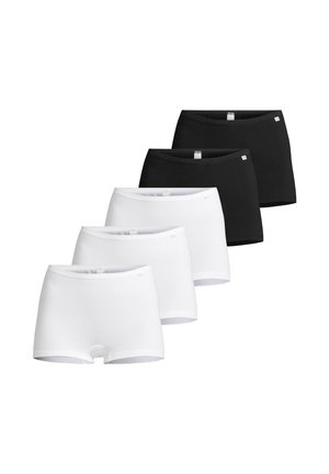 Fem par sømløse dame boyshorts, tre hvide foran og to sorte bagpå, vist på en hvid baggrund.