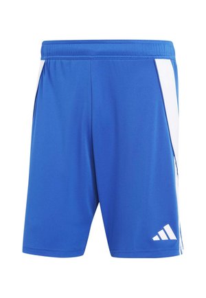 Blue athletic shorts made of smooth fabric. Features white side panels and a white logo on the lower left side. Elastic waistband.