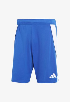 Blaue Sportshorts aus glattem Stoff. Mit weißen Seitenpanelen und einem weißen Logo auf der unteren linken Seite. Elastischer Bund.