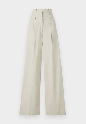 Beige wide-leg trousers made of smooth fabric, featuring a high waist with three horizontal bands, and front pleats.