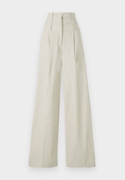 Beige wide-leg trousers made of smooth fabric, featuring a high waist with three horizontal bands, and front pleats.