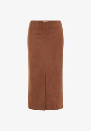 Brauner Wildleder-Bleistiftrock mit geradem Schnitt, ausgestattet mit einem Rückenschlitz für Bewegungsfreiheit und einem einfachen Bund.