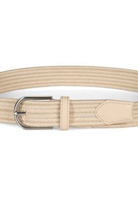 Beige braided belt made of woven fabric with a smooth, light-colored leather keeper. Features a silver metal buckle and minimalist design.