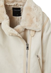 Giacca in pelliccia sintetica beige con colletto morbido, dotata di chiusura frontale con zip e tasche laterali. Tessuto liscio con una consistenza morbida.