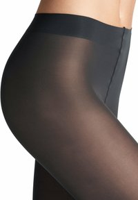 Schwarze, durchsichtige Strumpfhosen mit glattem Textur und undurchsichtigem Bund. Das Design weist eine subtile Naht an der Seite auf, die für eine enganliegende Optik sorgt.