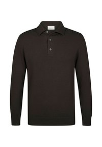 Dunkelbraunes Langarm-Poloshirt aus weichem Stoff, mit einem Standardkragen, einer dreiknöpfigen Blende und gerippten Bündchen.