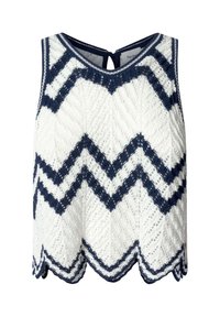 Top bez rukávů pletený krajkou v bílé a námořnické modři, se vzorem chevron, vlnkovaným lemem a uzávěrem na zádech ve tvaru klíčové dírky. Textura z bavlněné směsi.