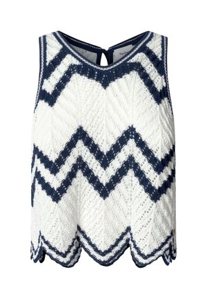 Lace-knit linne i vitt och marinblått, med en chevrondesign, scalloped nederkant och en nyckelhålsstängning bak. Blandning av bomull.