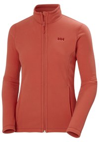 Veste en polaire rouge avec un col haut, fermeture éclair intégrale à l'avant et manches longues. Présente un petit logo sur la poitrine et une finition douce et texturée.
