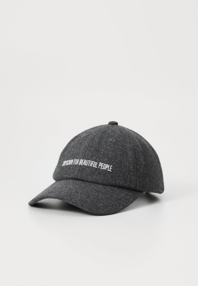 Gray felt cap featuring a stitched white text, "DRY BORN FOR BEAUTIFUL PEOPLE," with a curved visor and button on top.
