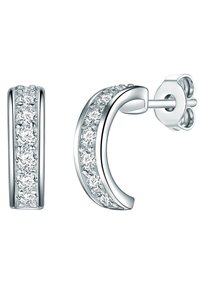 Pendientes de aro plateados con un diseño curvo, que cuentan con una fila de cristales de zirconia cúbica redondos y transparentes a un lado. Acabado metálico pulido.