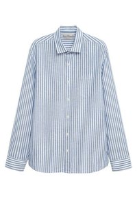 Button-up shirt in light blue and white stripes, featuring a collar, long sleeves, and a front pocket. Made from smooth fabric.