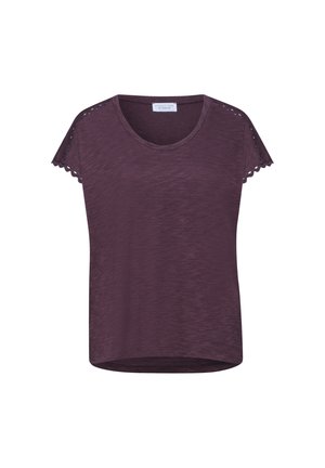 T-shirt violet à manches courtes avec bords festonnés et détails œillets sur les manches, encolure ronde et ourlet légèrement incurvé.