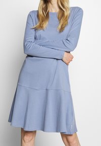 Långärmad, ljusblå klänning med utsvängd kjol. Tillverkad av mjukt tyg, med rundad halsringning och subtil sömdekor.