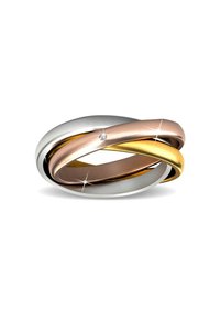 Tre bande intrecciate in argento lucidato, oro rosa e oro giallo con un piccolo accento di diamante; superficie liscia e brillante, design elegante.