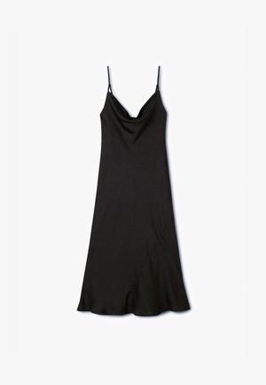 Abito nero a sottoveste con spalline regolabili, scollo a cowl e orlo asimmetrico, realizzato in un tessuto morbido e leggero.