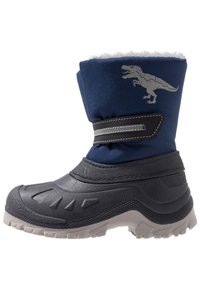 Botte de neige en tissu bleu avec un imprimé dinosaure gris, semelle en caoutchouc noire et doublure en fausse fourrure blanche sur le dessus. Équipée d'une bride grise pour l'ajustement.