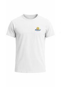 Weißes Baumwoll-T-Shirt mit Rundhalsausschnitt. Es zeigt einen Aufdruck in blauer Schrift mit dem Text "Neverless" und einem gelben Zitronendesign.