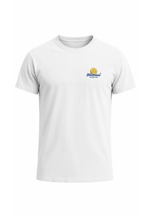 Weißes Baumwoll-T-Shirt mit Rundhalsausschnitt. Es zeigt einen Aufdruck in blauer Schrift mit dem Text "Neverless" und einem gelben Zitronendesign.