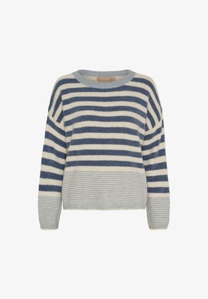Stribet sweater lavet af blødt stof med skiftevis mørkeblå og cremefarvede striber, rund halsudskæring og let løstsiddende ærmer.