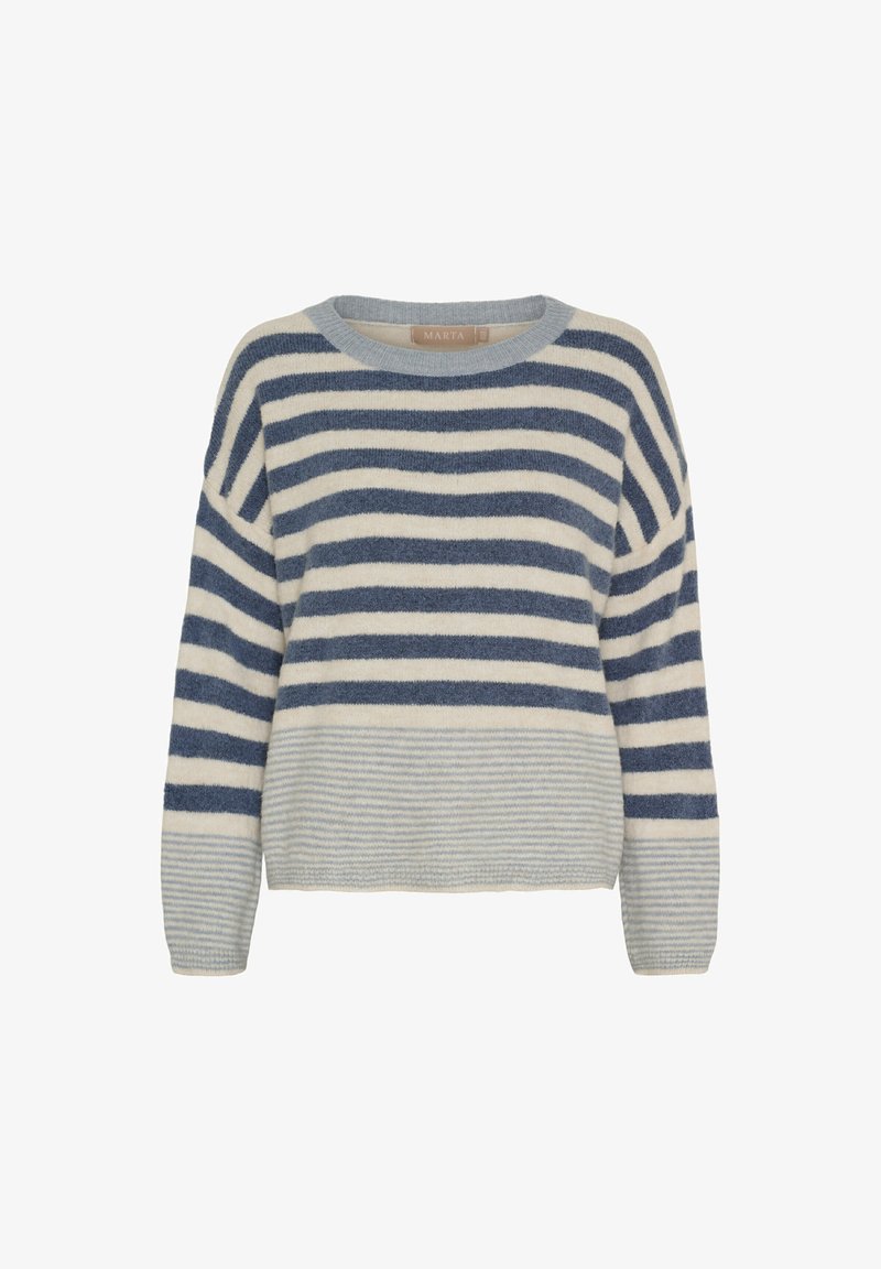 Stribet sweater lavet af blødt stof med skiftevis mørkeblå og cremefarvede striber, rund halsudskæring og let løstsiddende ærmer.