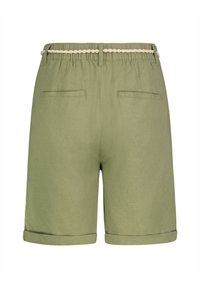 Green shorts with a relaxed fit, elastic waistband, braided beige drawstring, two back pockets, and rolled hems. Smooth texture.