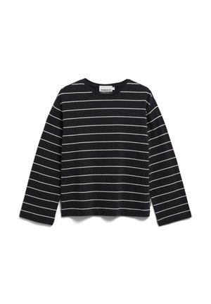 Black long-sleeve shirt with white horizontal stripes, crew neck, and relaxed fit shown flat against white background.