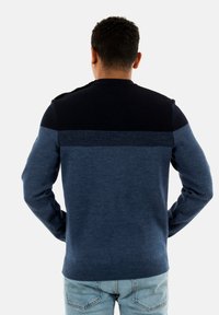 Maglione colorblock navy e blu con collo rotondo e orlo a costine. Presenta un tessuto testurizzato e maniche lunghe, mostrato da dietro.