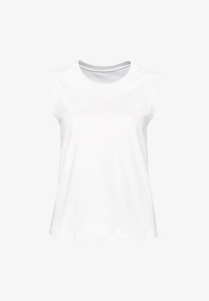 Débardeur en coton blanc sans manches avec un col rond. Texture lisse, coupe droite et minimalisme dans les détails. Idéal pour un style décontracté.