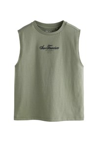 Sleeveless olive green crew neck top with "San Francisco California Since 1982" printed in black on the chest, plain background.