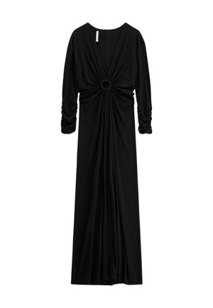 Abito nero a maniche lunghe con scollo a V profondo, centro arricciato, dettaglio circolare e tessuto fluido e testurizzato.