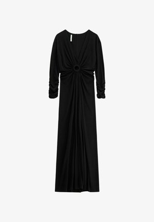 Abito nero a maniche lunghe con scollo a V profondo, centro arricciato, dettaglio circolare e tessuto fluido e testurizzato.