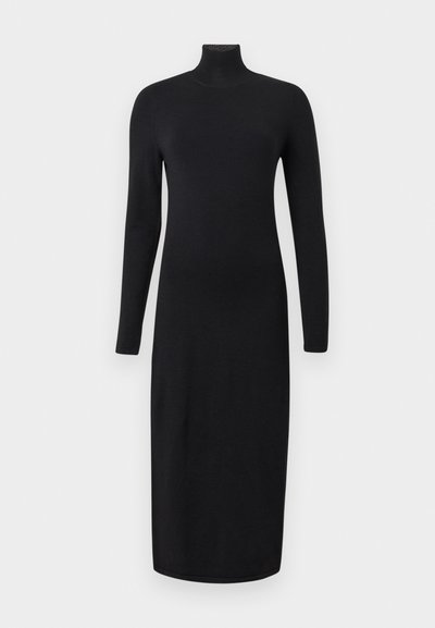 Schwarzes, langärmliges Midi-Kleid mit hohem Kragen. Hergestellt aus einem glatten Stoff mit einer eng anliegenden Silhouette und ohne sichtbare Muster.