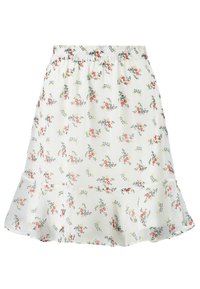 Floral print skirt in lightweight fabric, featuring a smocked waistband and a flared silhouette with a ruffled hem. Primarily white with pastel flowers.